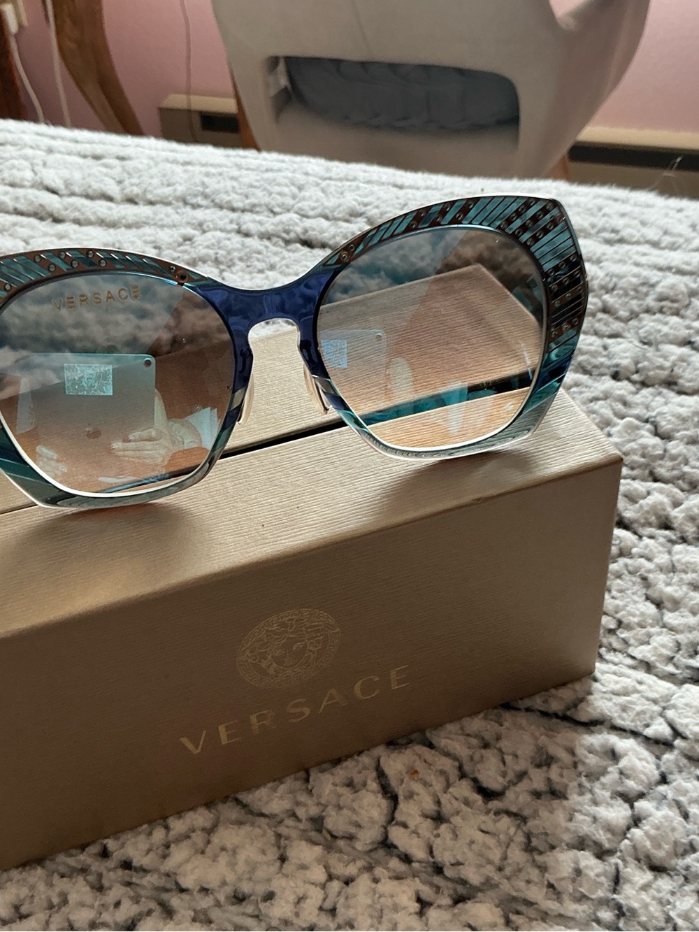 Versace Blue Teal Patterned Cat-Eye Mirrored Prescription Sunglasses